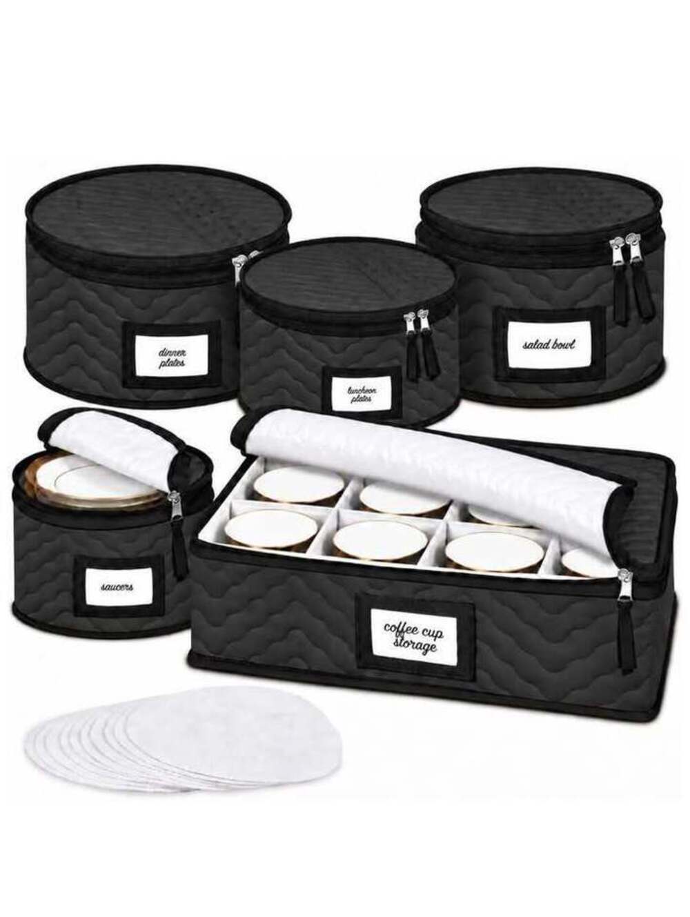 Quilted China Storage Set, Black, 5-Piece for 12 Settings - New in Box